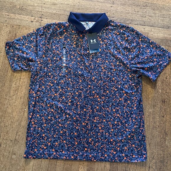 Under Armour Polo Shirt Mens Large Blue All Over Print ISO-Chill Floral - Picture 1 of 11